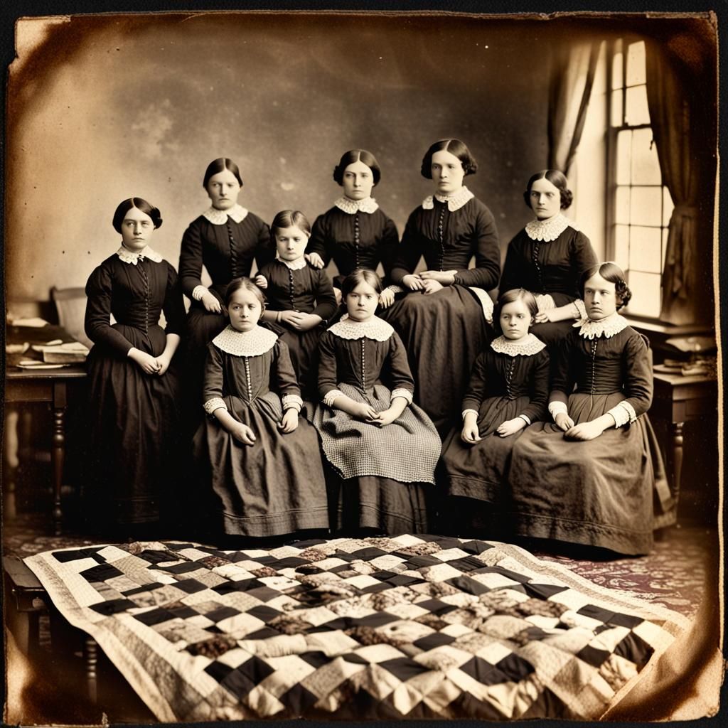 Puritan Women Sewing Quilt: Vintage Daguerreotype Photograph
