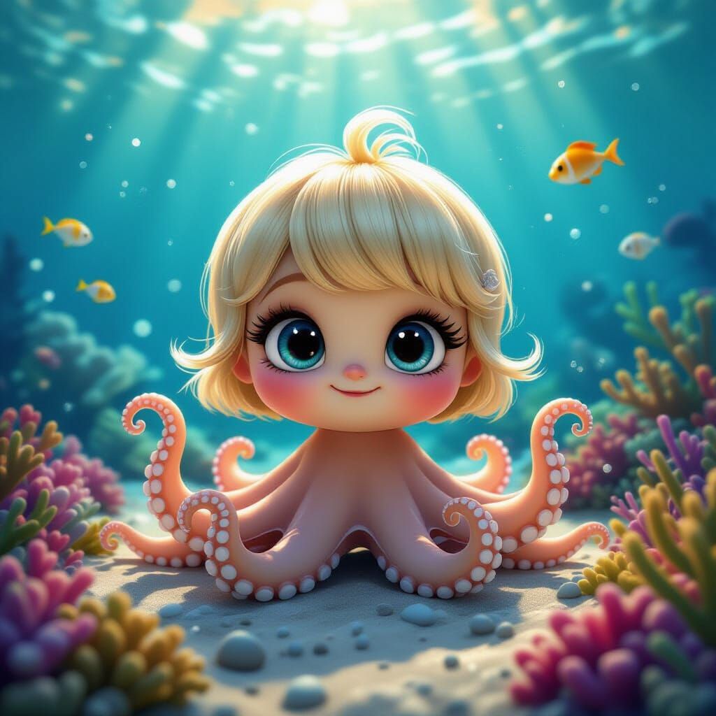 Cute Baby Octopus Underwater in Whimsical 3D Pixar Style
