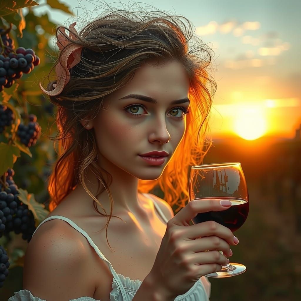 Young Woman Amidst Vineyard Sunset