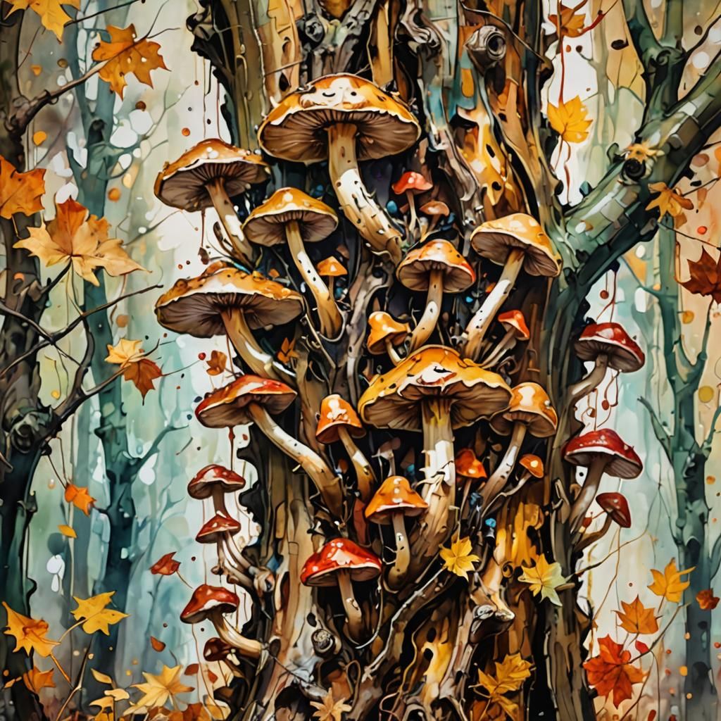 Autumnal Mushrooms in Expressive Impasto Style