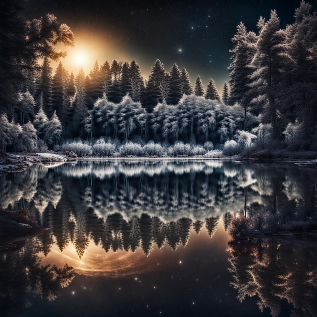 Lake Reflecting Universe in Hyperrealistic Detail