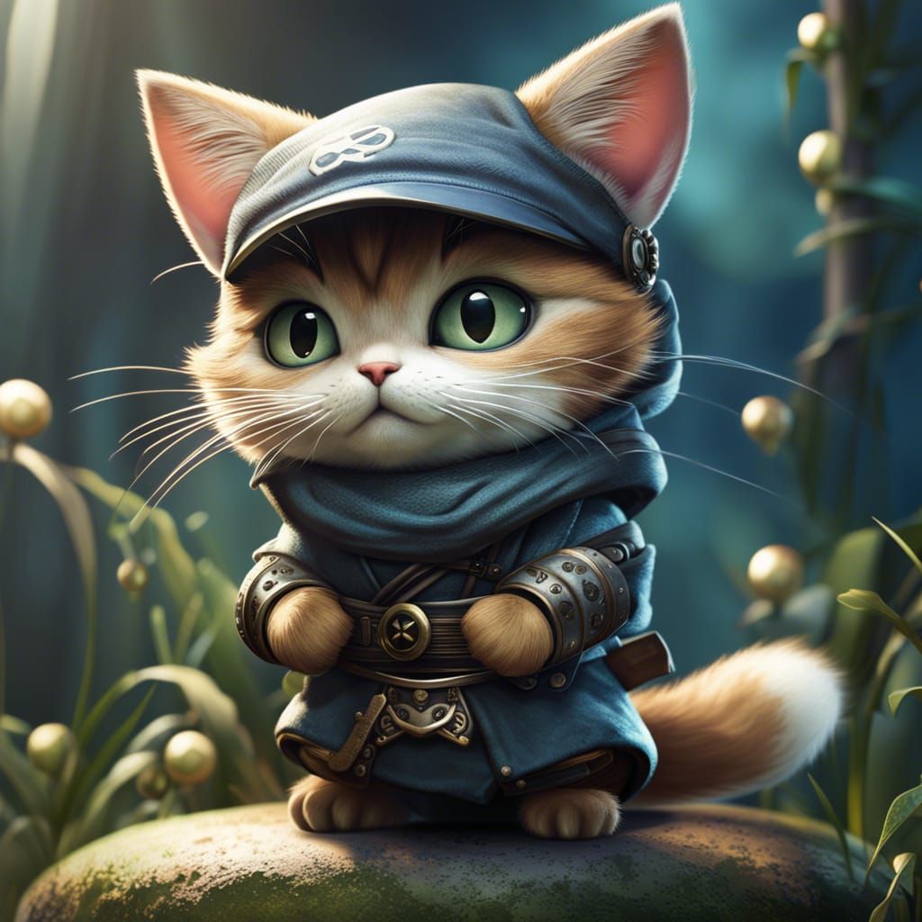 Cute Ninja Cat Illustration in Monge Style