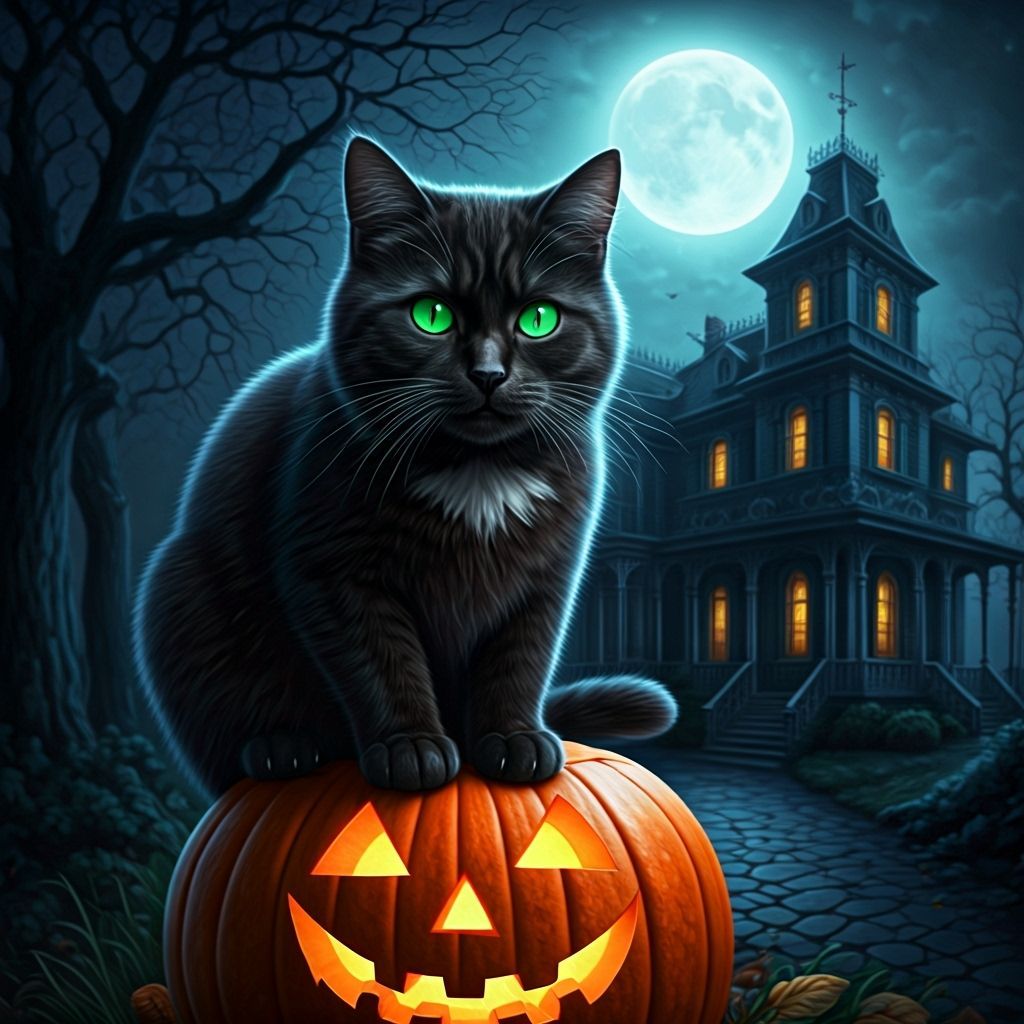 Black Cat on Jack-o-Lantern Before Gothic Mansion
