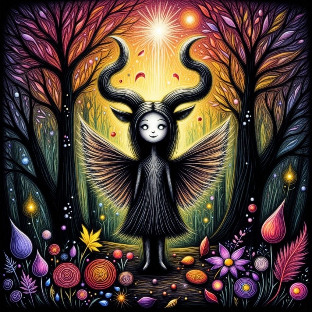 Whimsical Goddess in Dark Forest, Starlight Illuminated