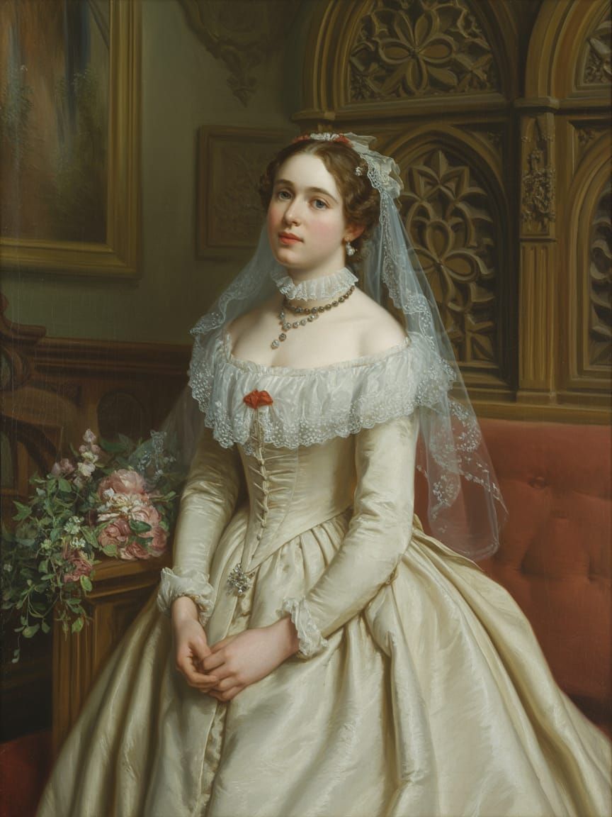 Victorian Bride in Church, Oil on Canvas Painting