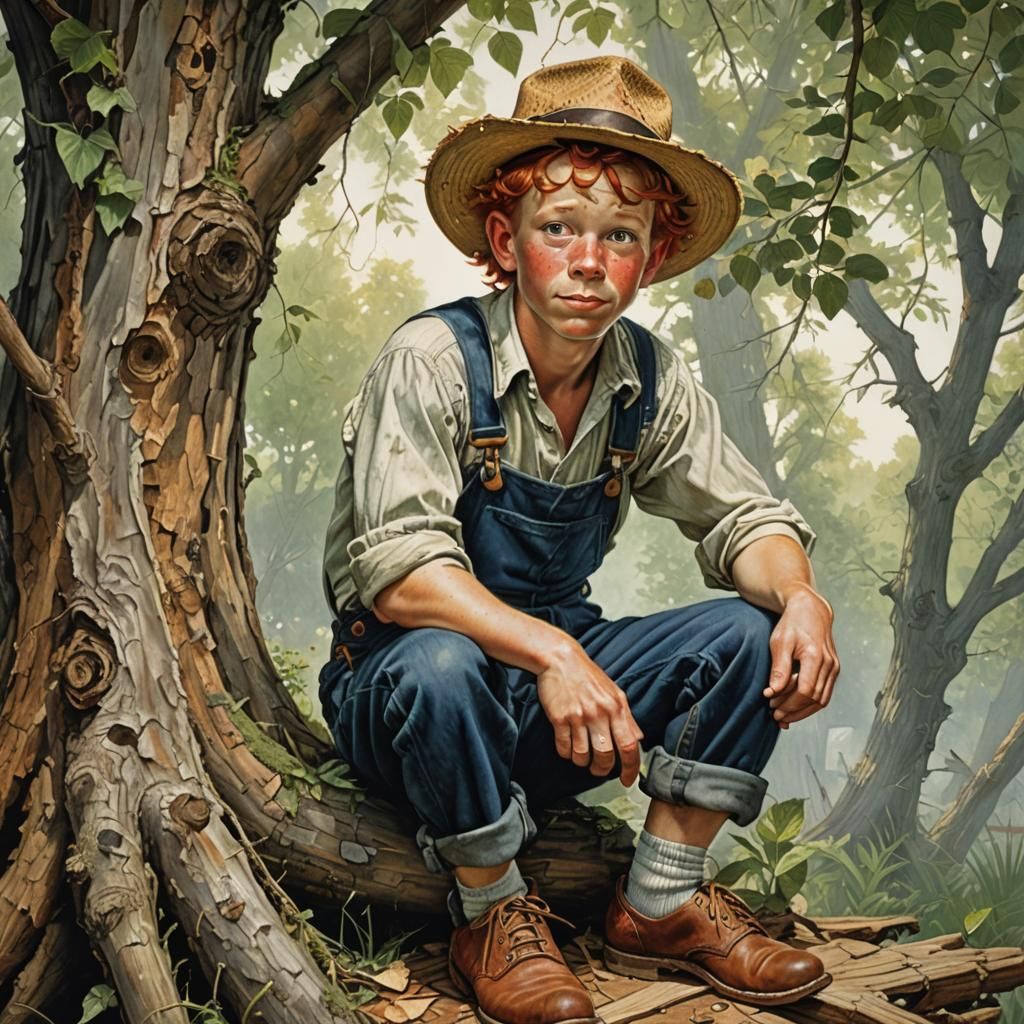 Huckleberry Finn Fishing: Rockwell-Style Illustration