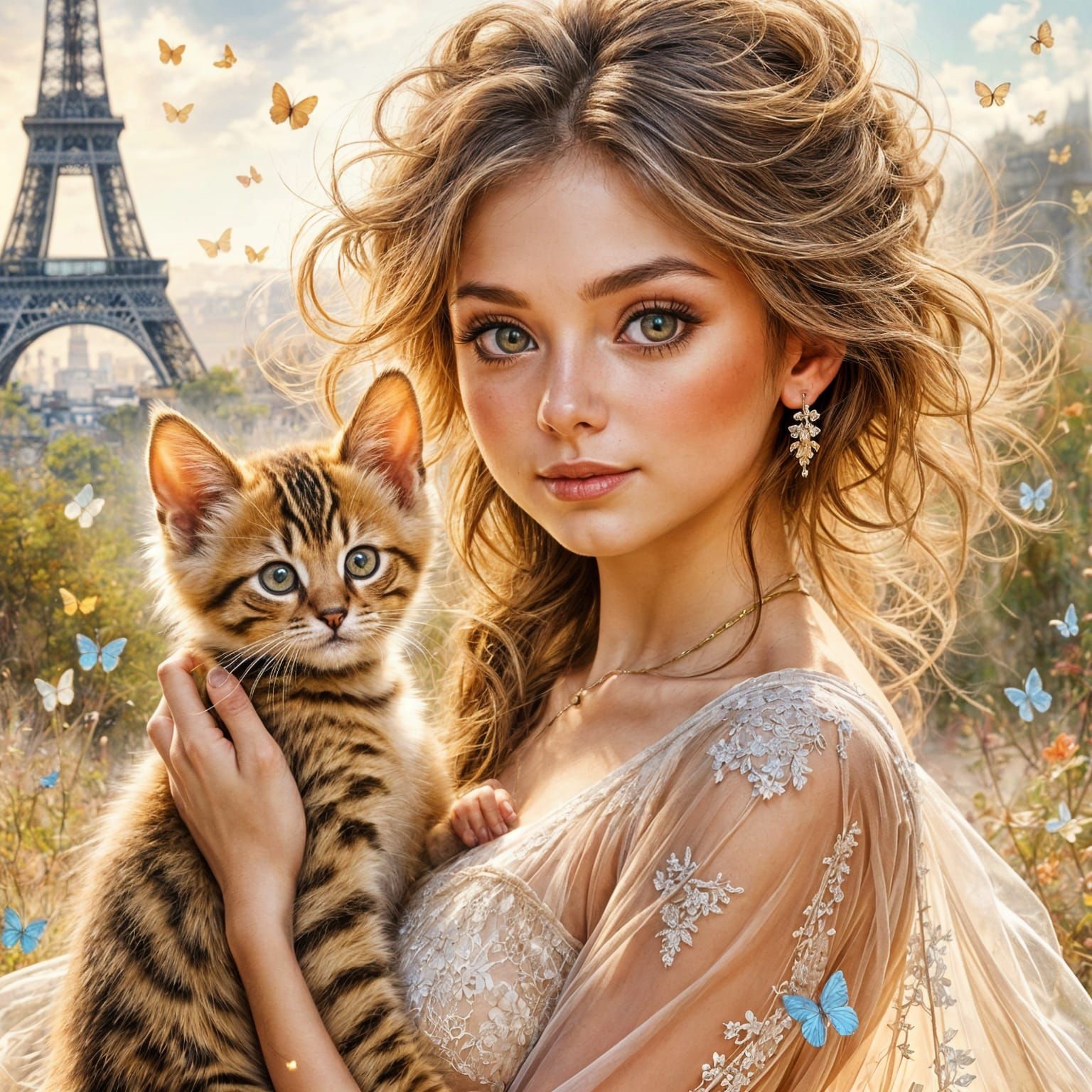 Bengal Kitten Held by Woman in Ethereal Paris