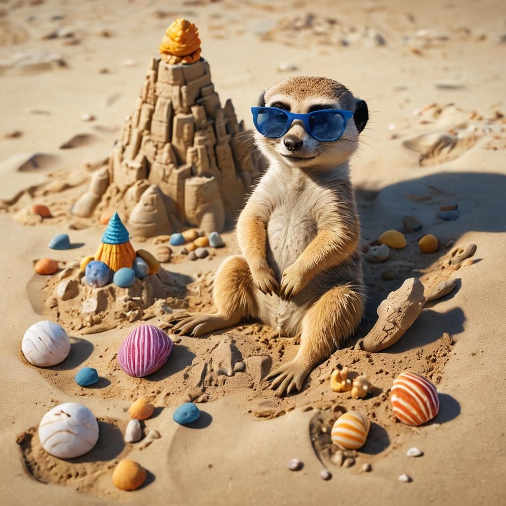 Meerkat Builds Sandcastle: Digital Watercolor Art