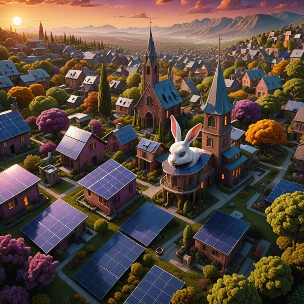 Surreal Solarpunk Landscape with Glowing Rabbit and Vibrant ...