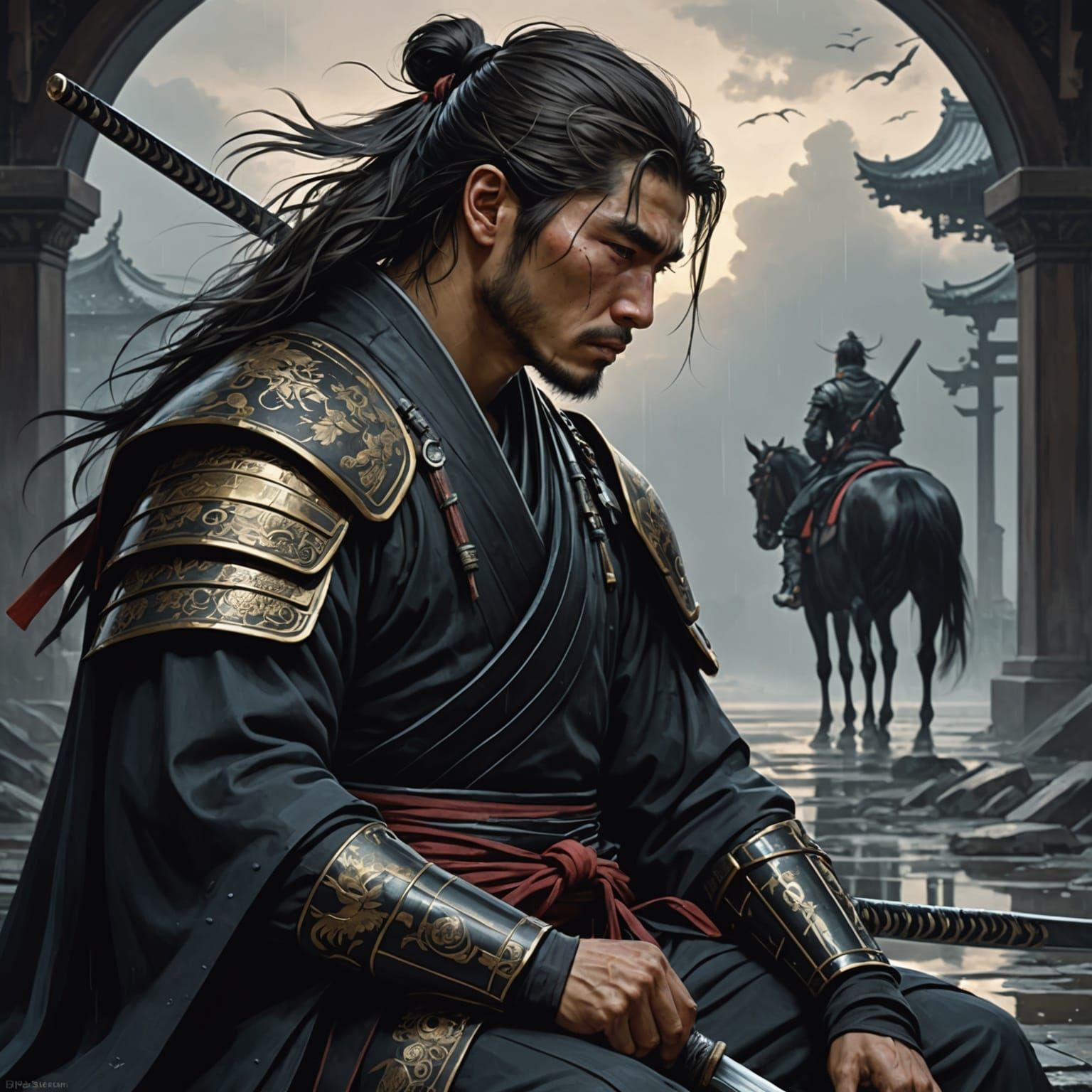 Sad Samurai in Rain, Hyperdetailed Concept Art