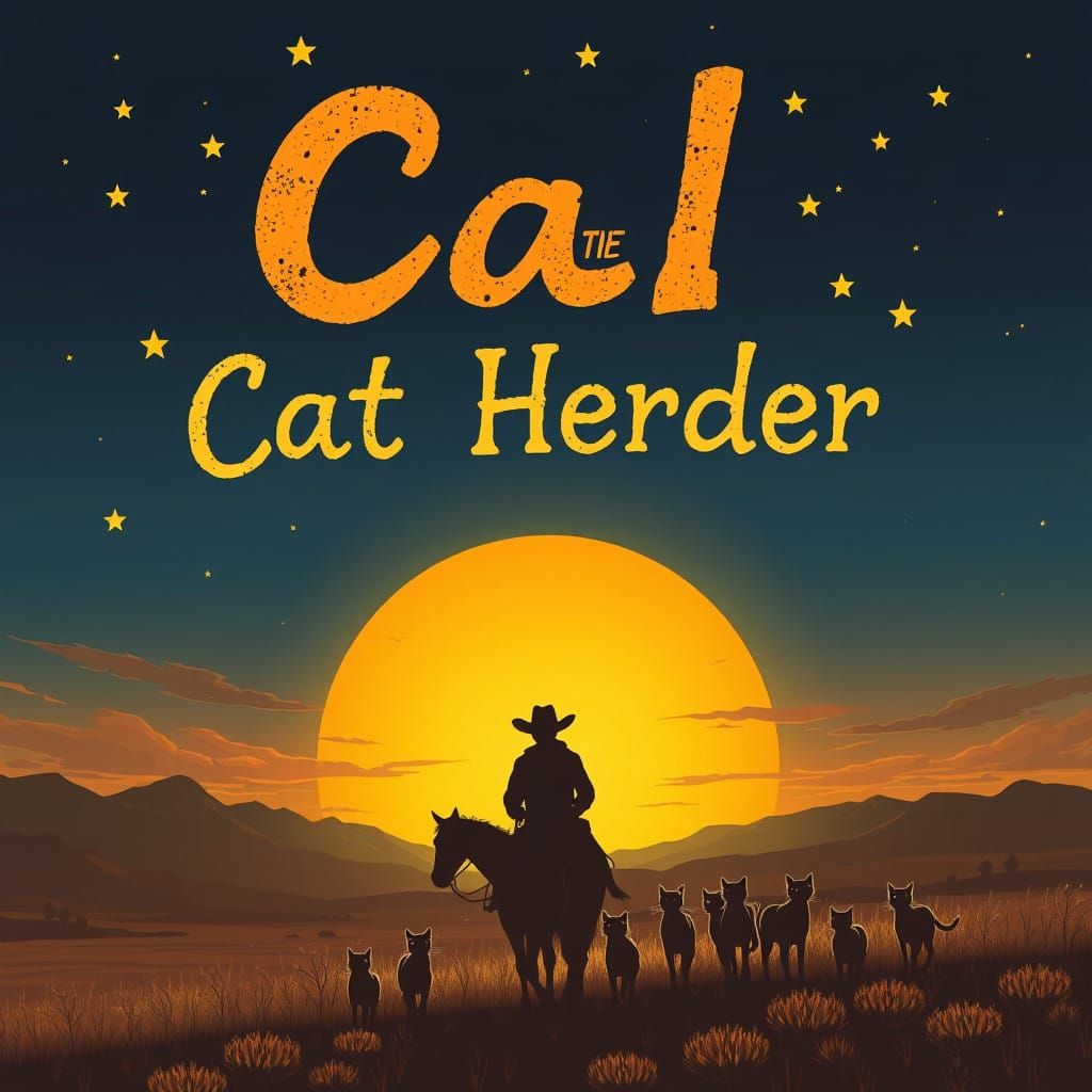 Cosmic Cowboy Cat Herder Under Wild Western Sky