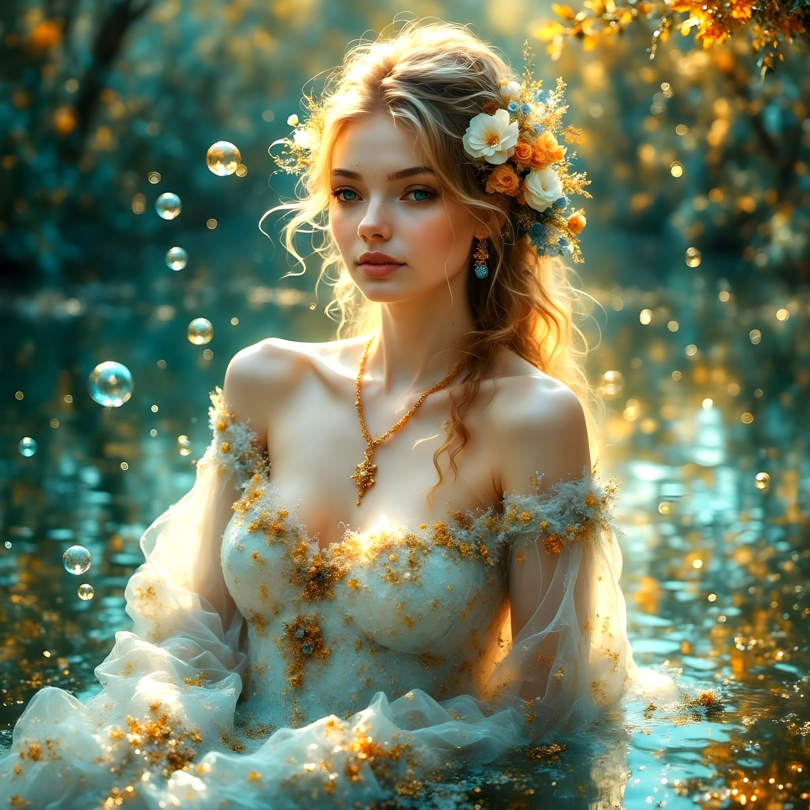 Ethereal Dreamscapes: Iridescent Bubbles in Art Nouveau Lady...