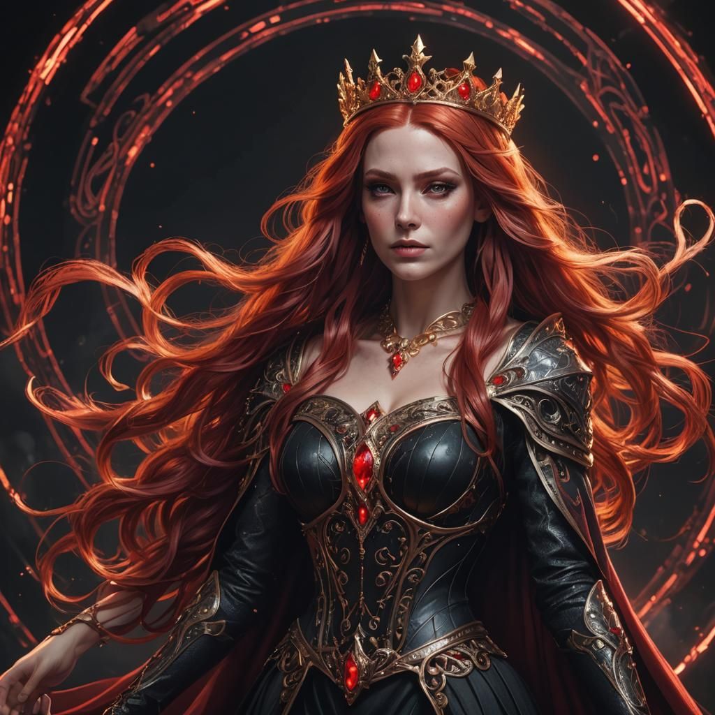 Fantasy Queen with Red Hair in Glowing Line Art