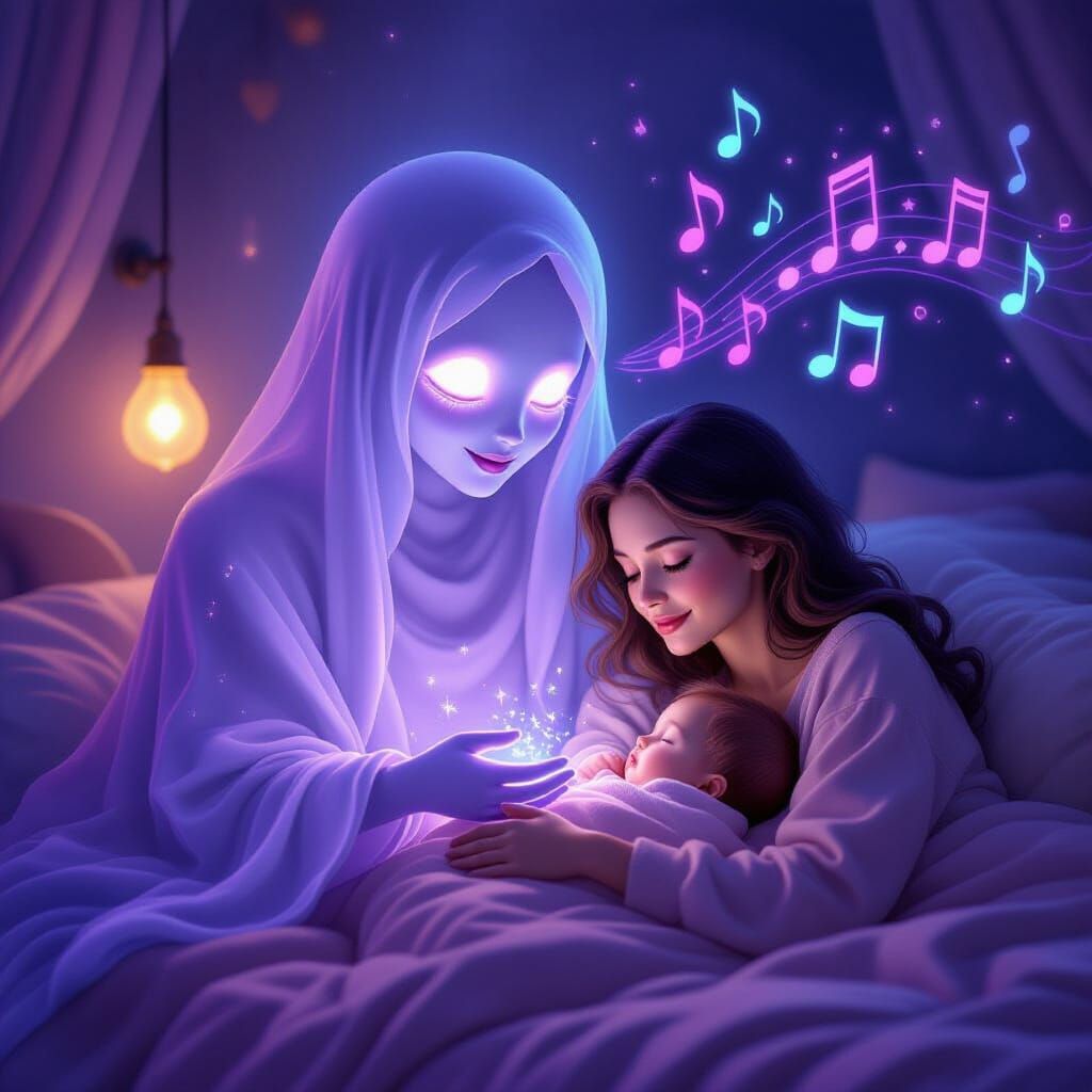 Ethereal Purple Ghost Sings Lullaby to Mother and Baby
