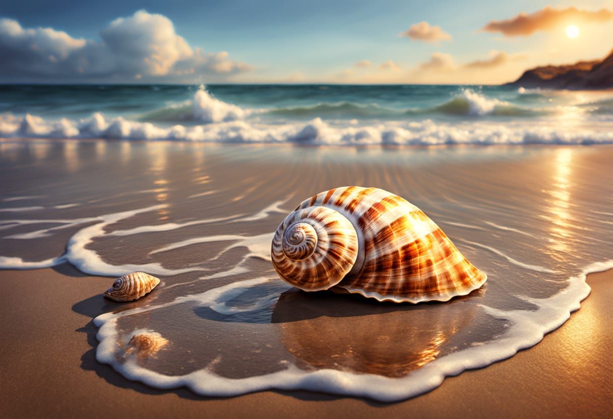 Golden Lit Shell on Alien Beach, HDR Painting