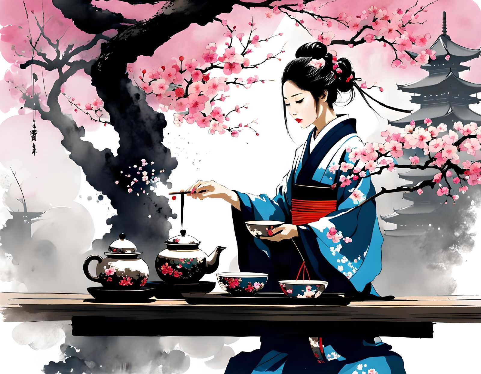 Zen Garden Tea Ceremony with Cherry Blossoms