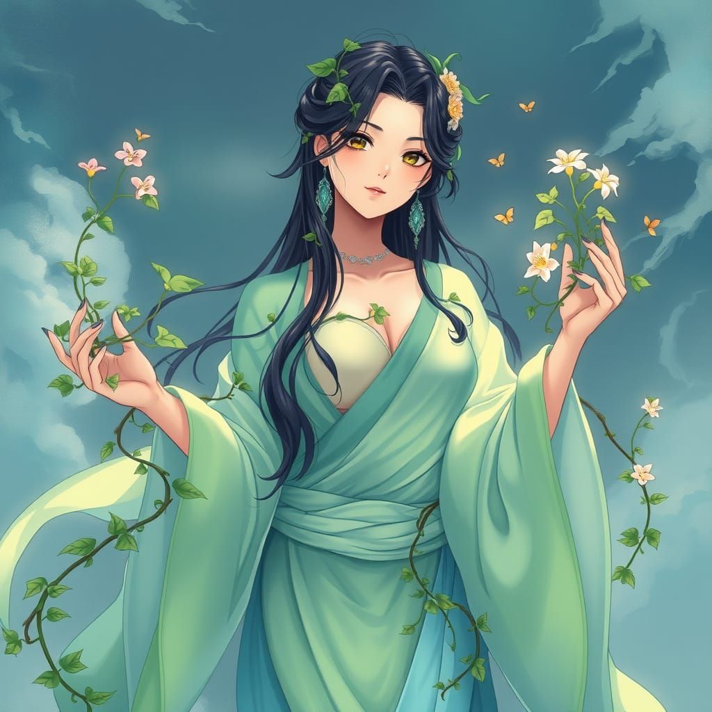 Serene Anime Goddess in Vibrant Green and Blue