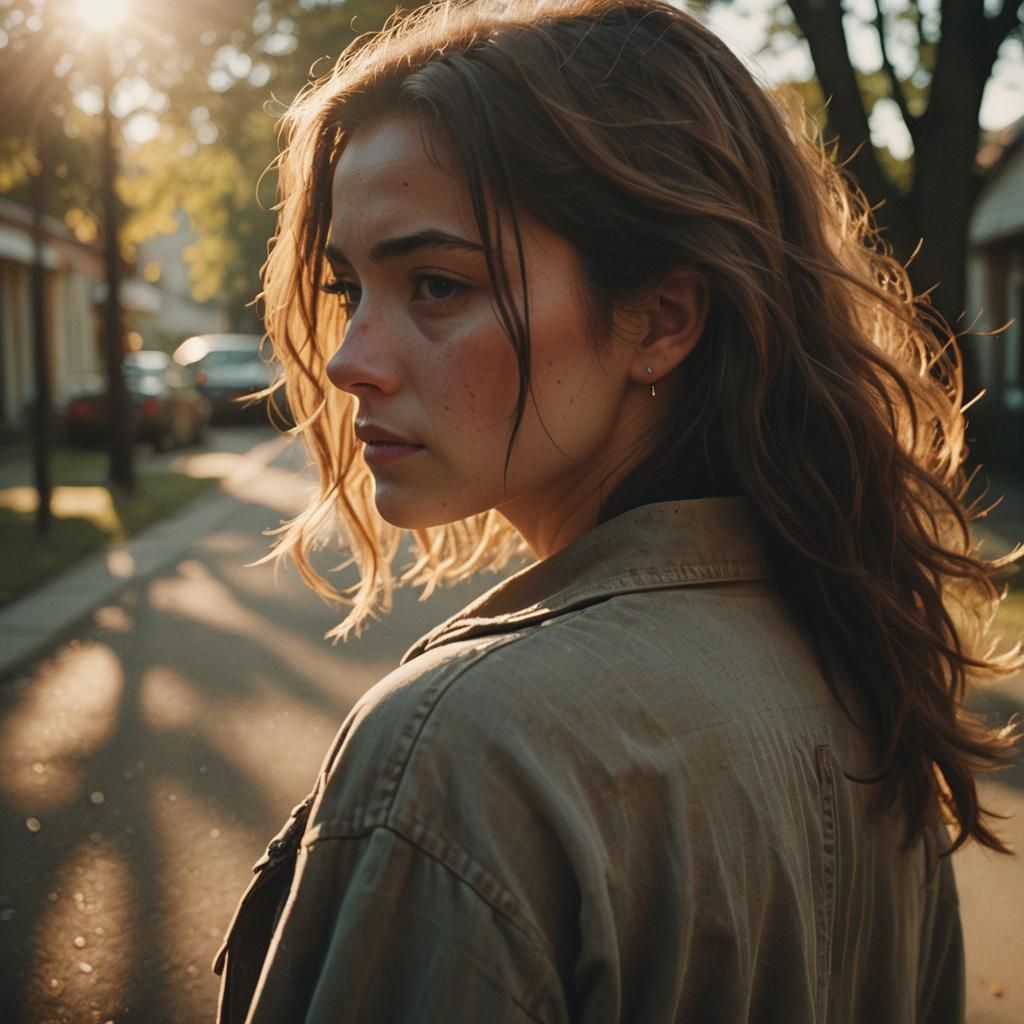 Melancholic Woman in Golden Hour Film Still