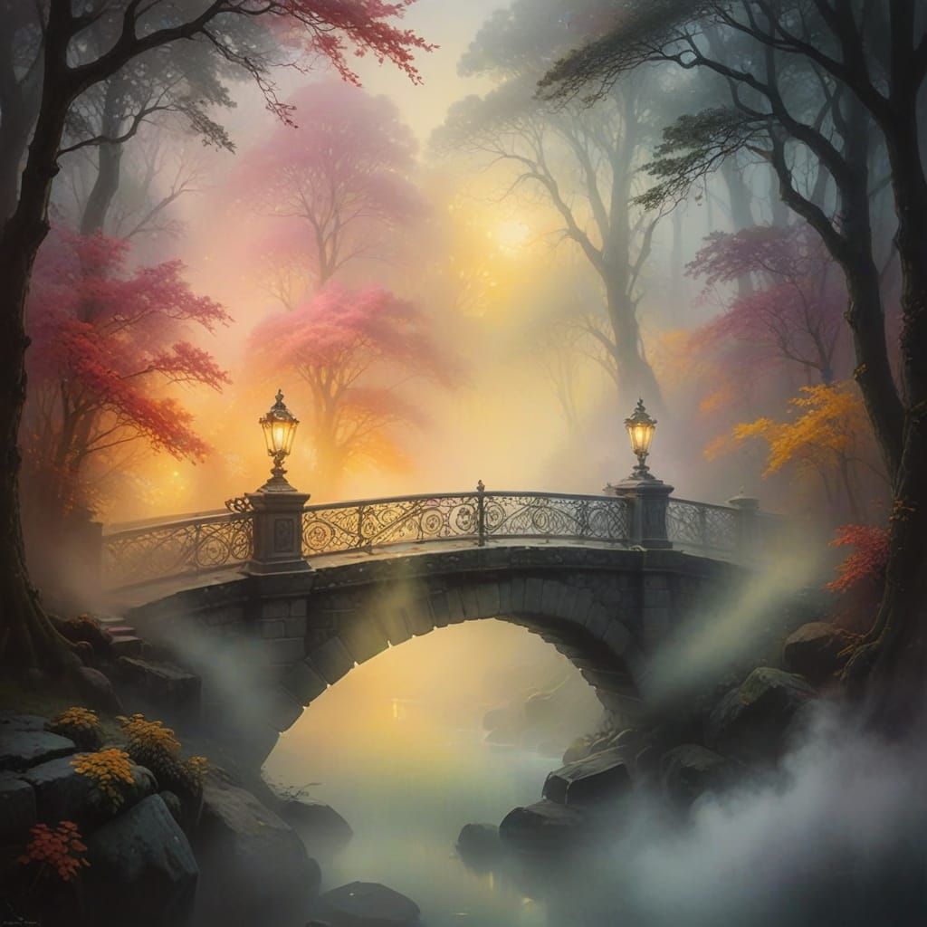 Surreal Forest Bridge in Whimsical Watercolor Style