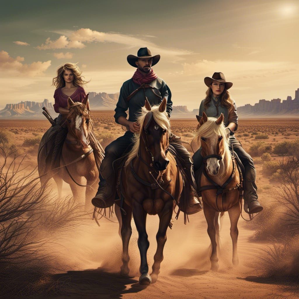 Cowboy and Cowgirl on Horseback in Texas Desert