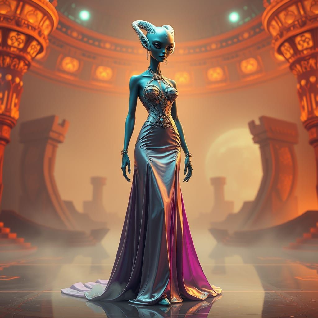 Fashionable Alien Goddess in Futuristic Gown