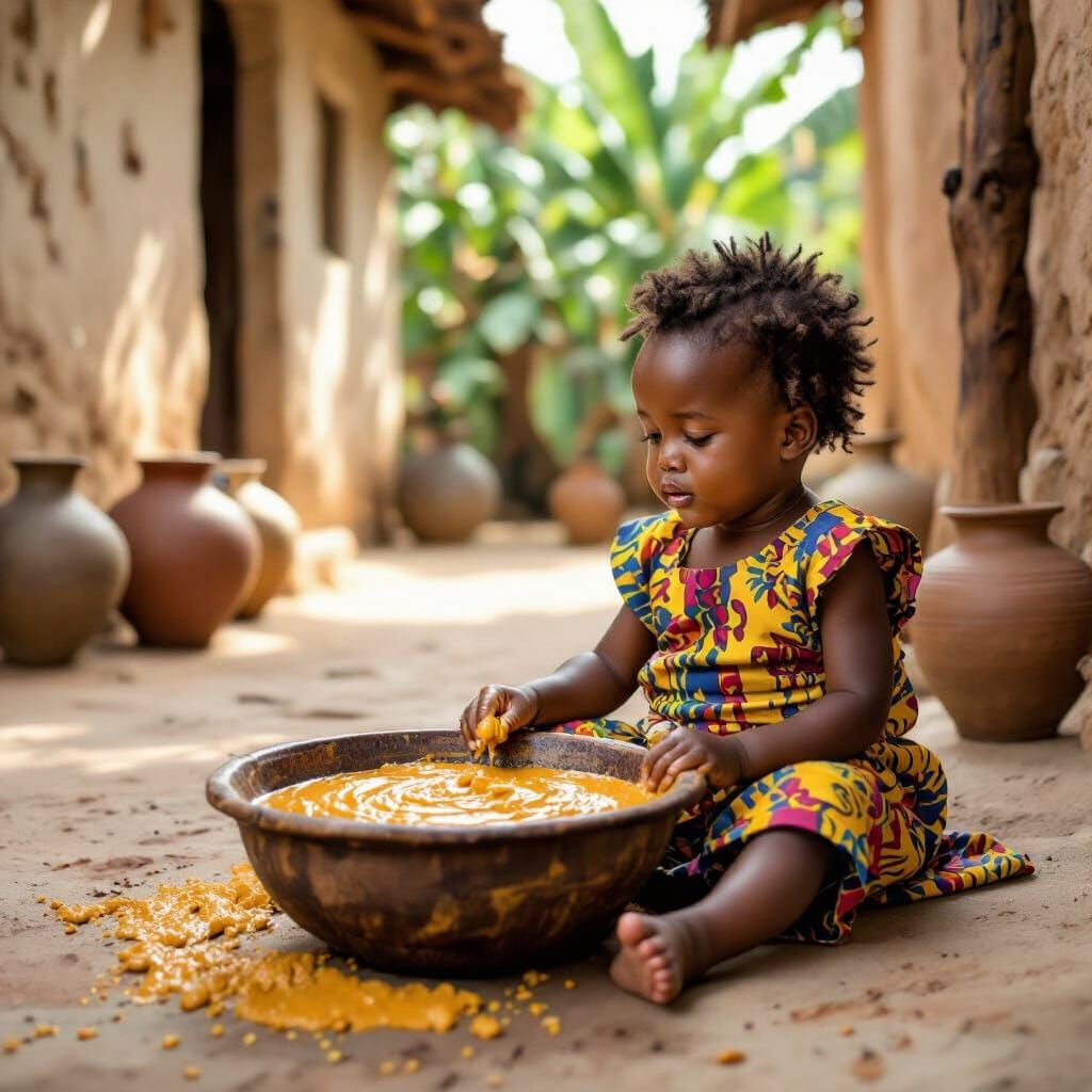 African Baby with Peanut Paste, Vibrant Art Style