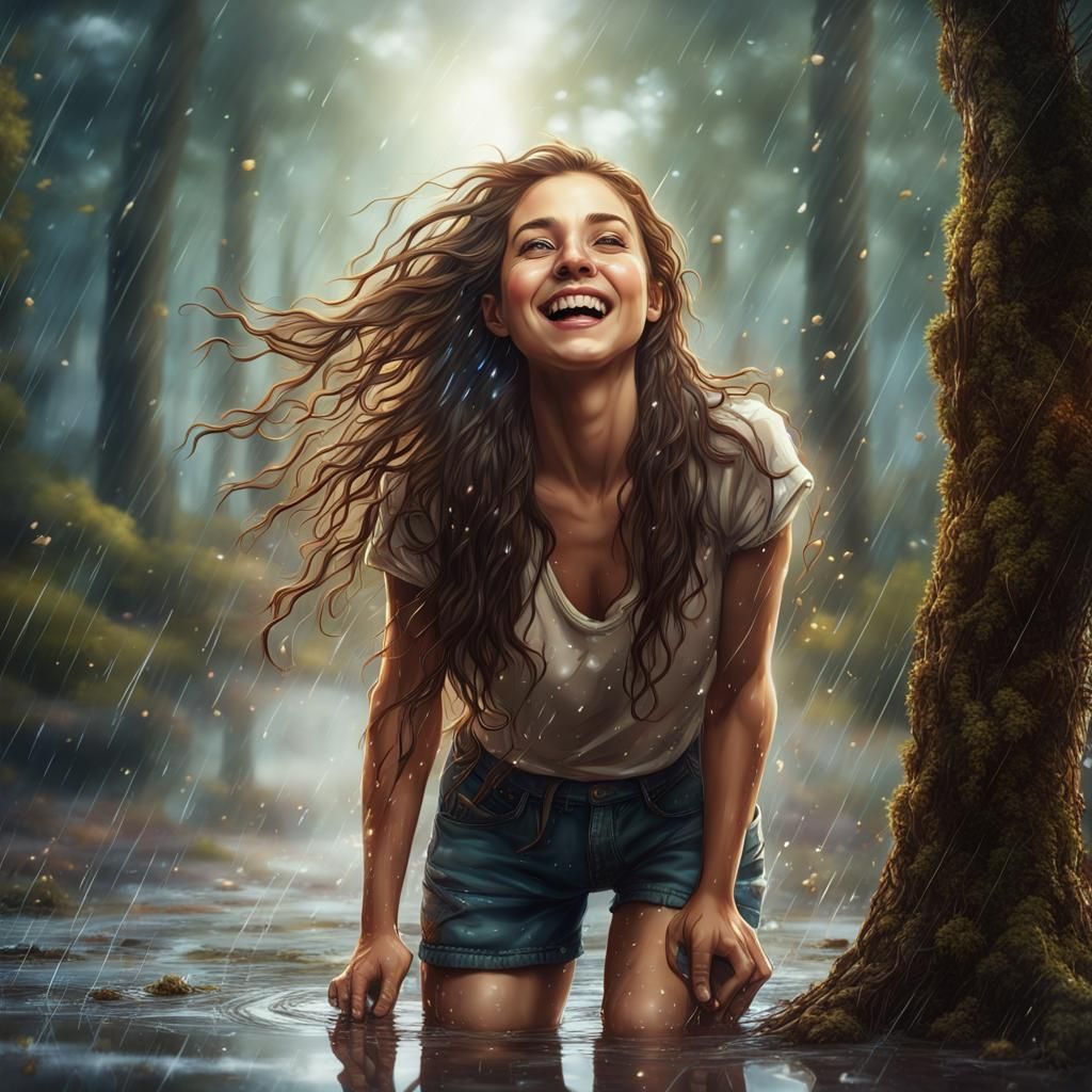 Happy Woman Playing in Rainy Day Puddles, Fantasy Art