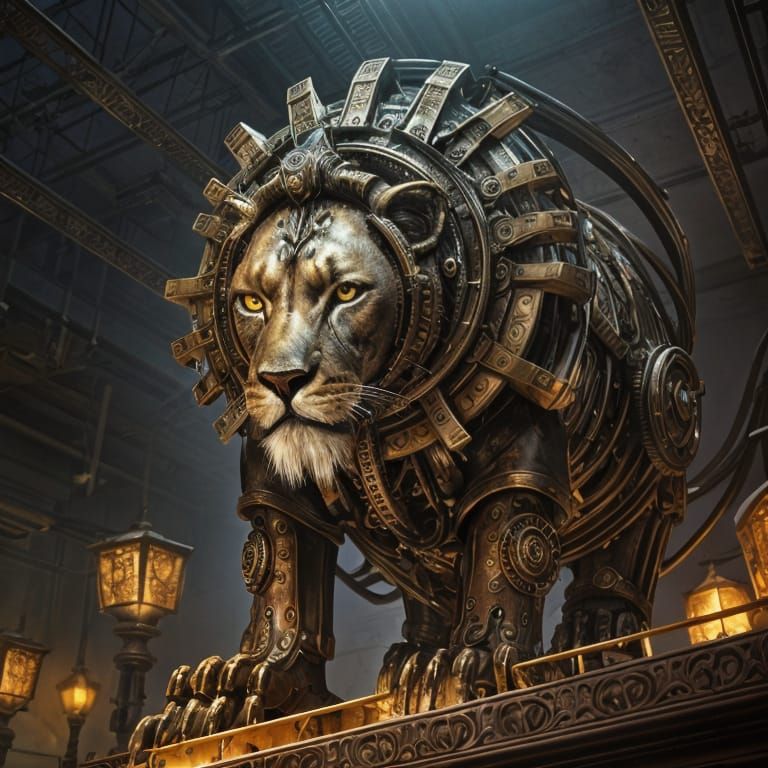 Steampunk Lion Crafted from Gears with Emerald Eyes