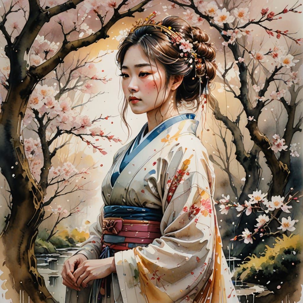 A regal princess in traditional Japanese attire. Full shot. ...