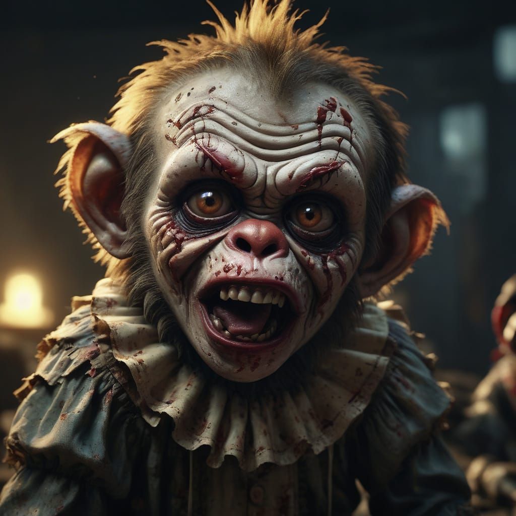Diseased Zombie Monkey Clown Abandoned, Crying: Digital Art