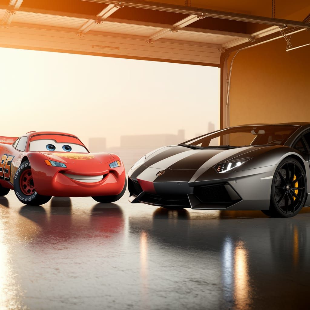 Surreal Garage Scene of Cars and Sports Car