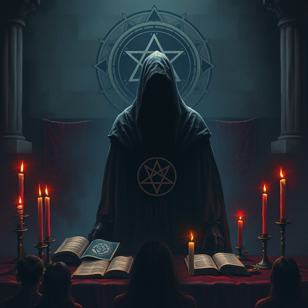 Cloaked Figure at Altar in Symbolic Realism