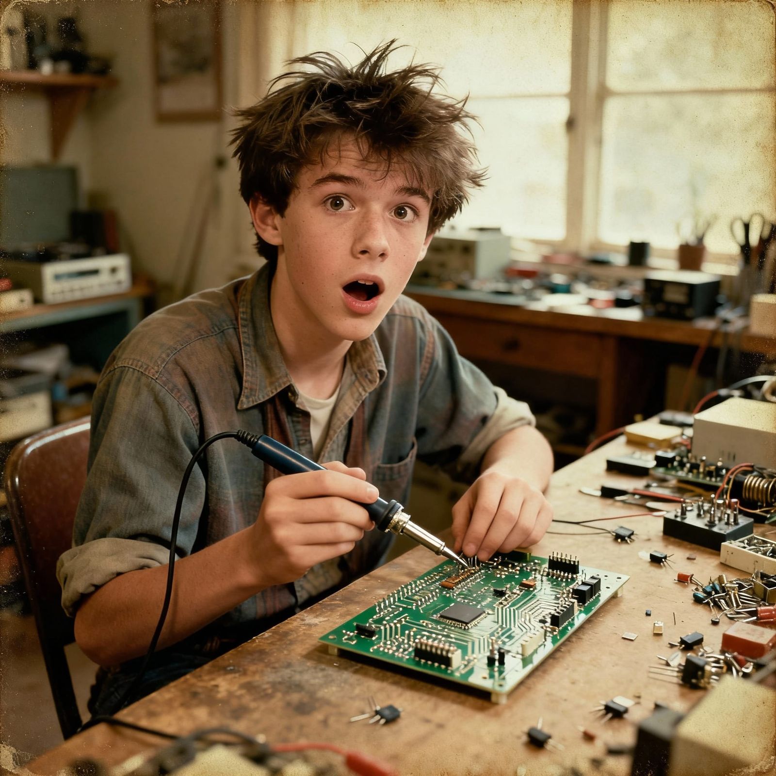1980s Teenager in Home Workshop with Soldering Iron