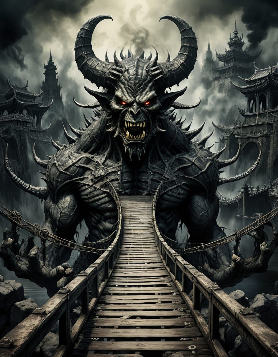 Surreal Demon Bridge in Ink Painting Style