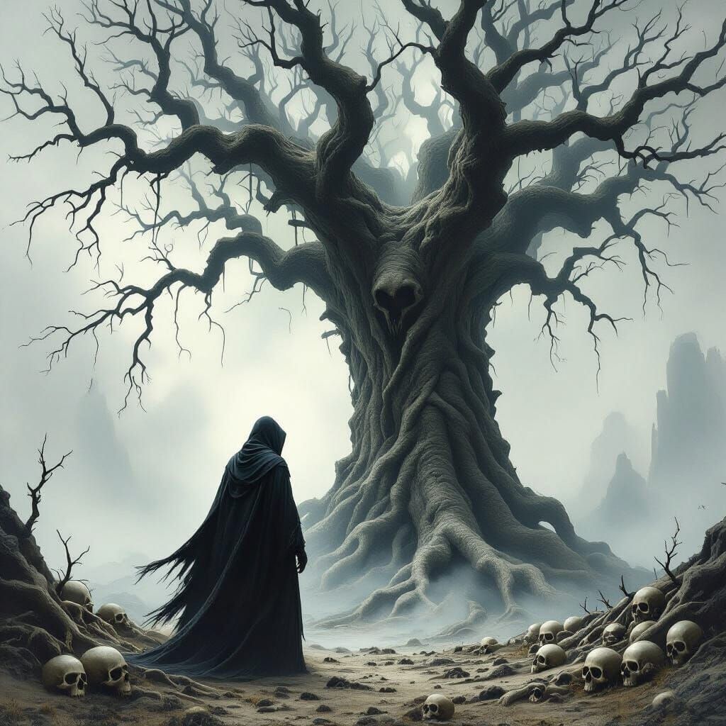 Dark Fantasy: Figure Before Ancient Tree