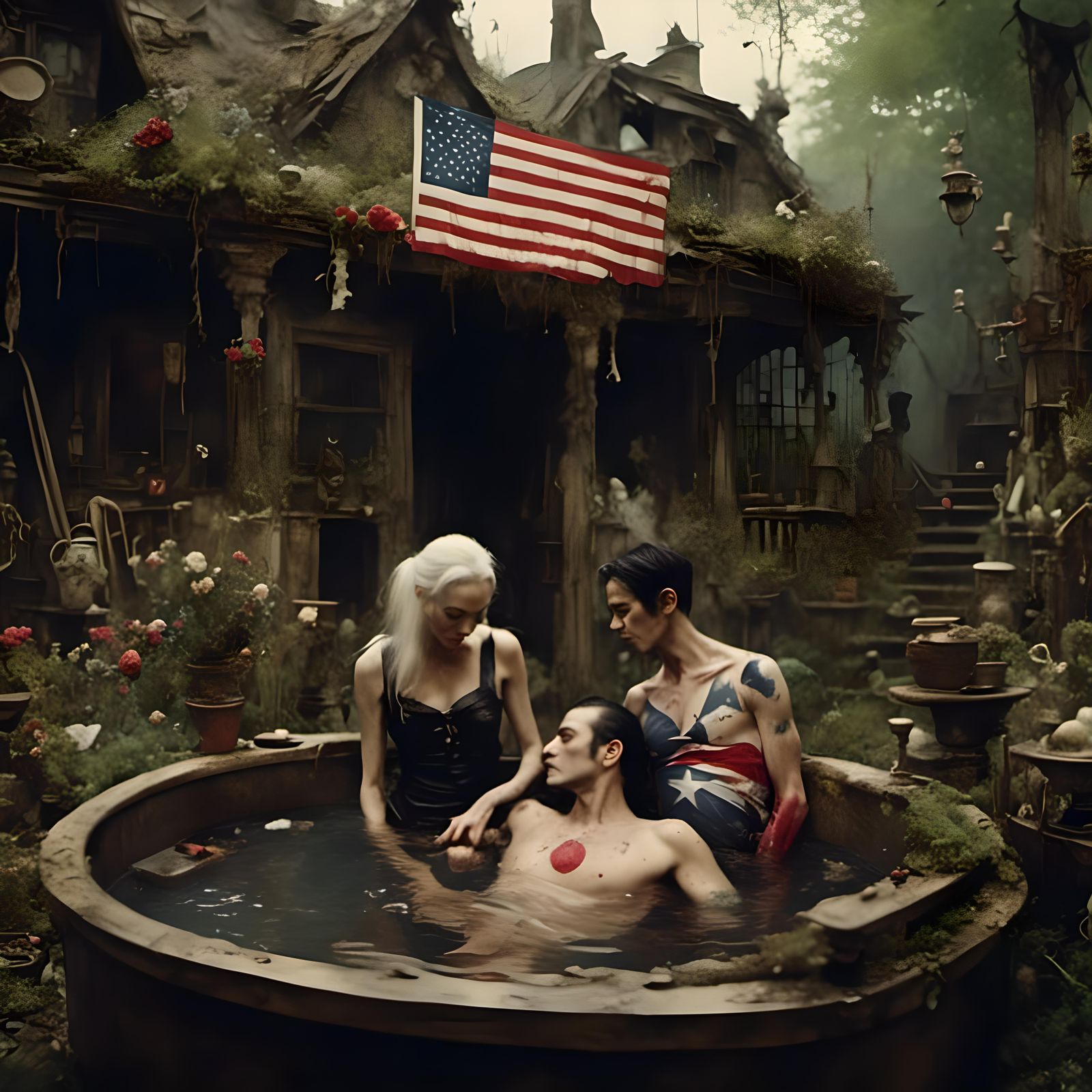 Woman in US Flag Swimsuit in Hot Tub