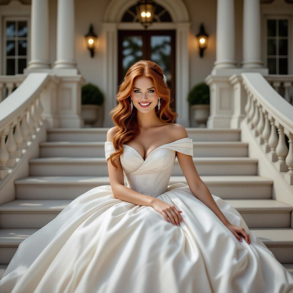 Woman in Sparkling Ball Gown Posing at Mansion