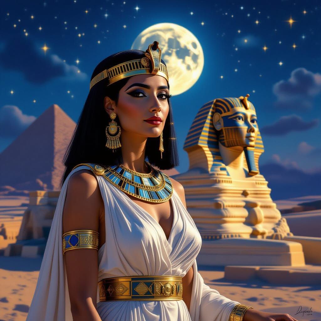 Cleopatra Portrait Before Great Sphinx in Starry Night