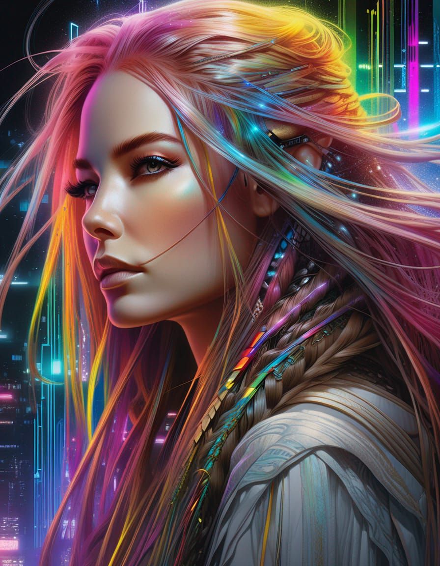 Cyberpunk Goddess with Rainbow Hair, Digital Illustration