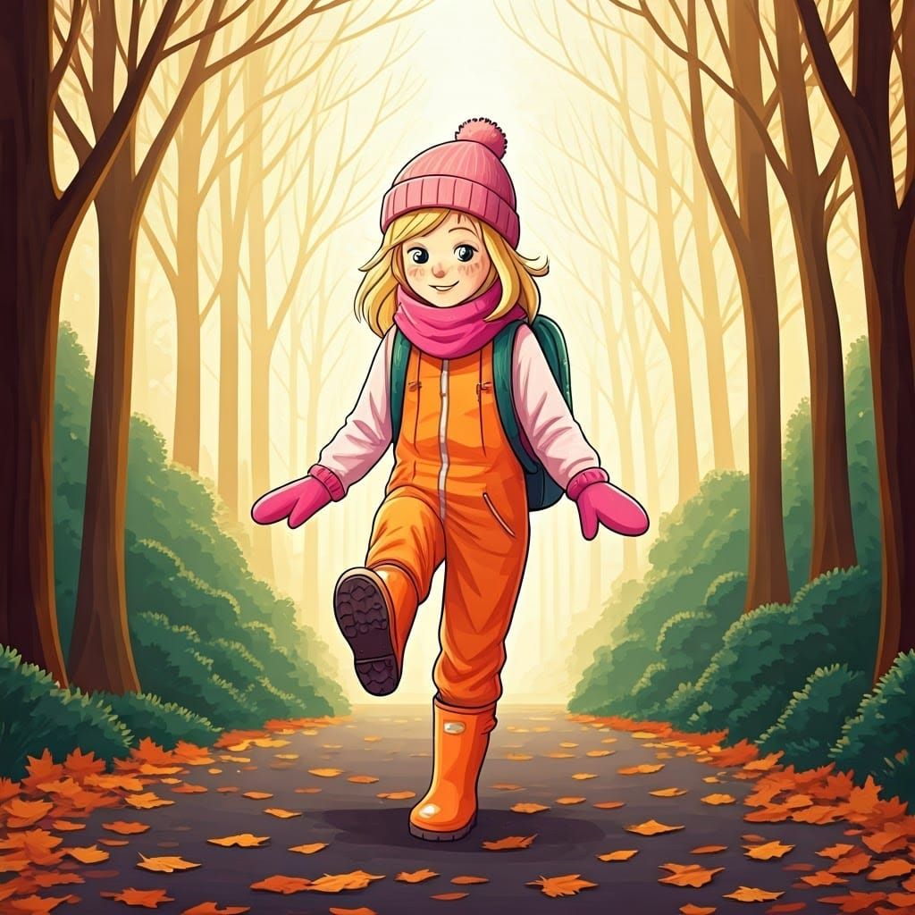 Girl Kicking Leaves on Autumn Path