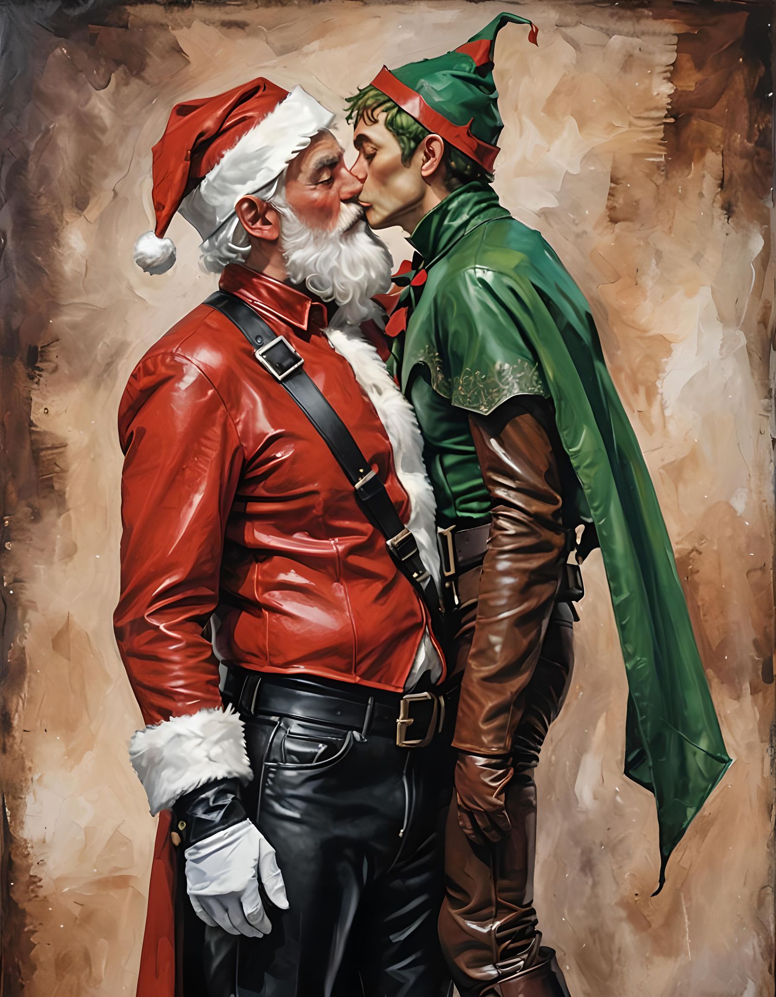 A shirtless in shape Santa Clause dressed in leather chaps k...