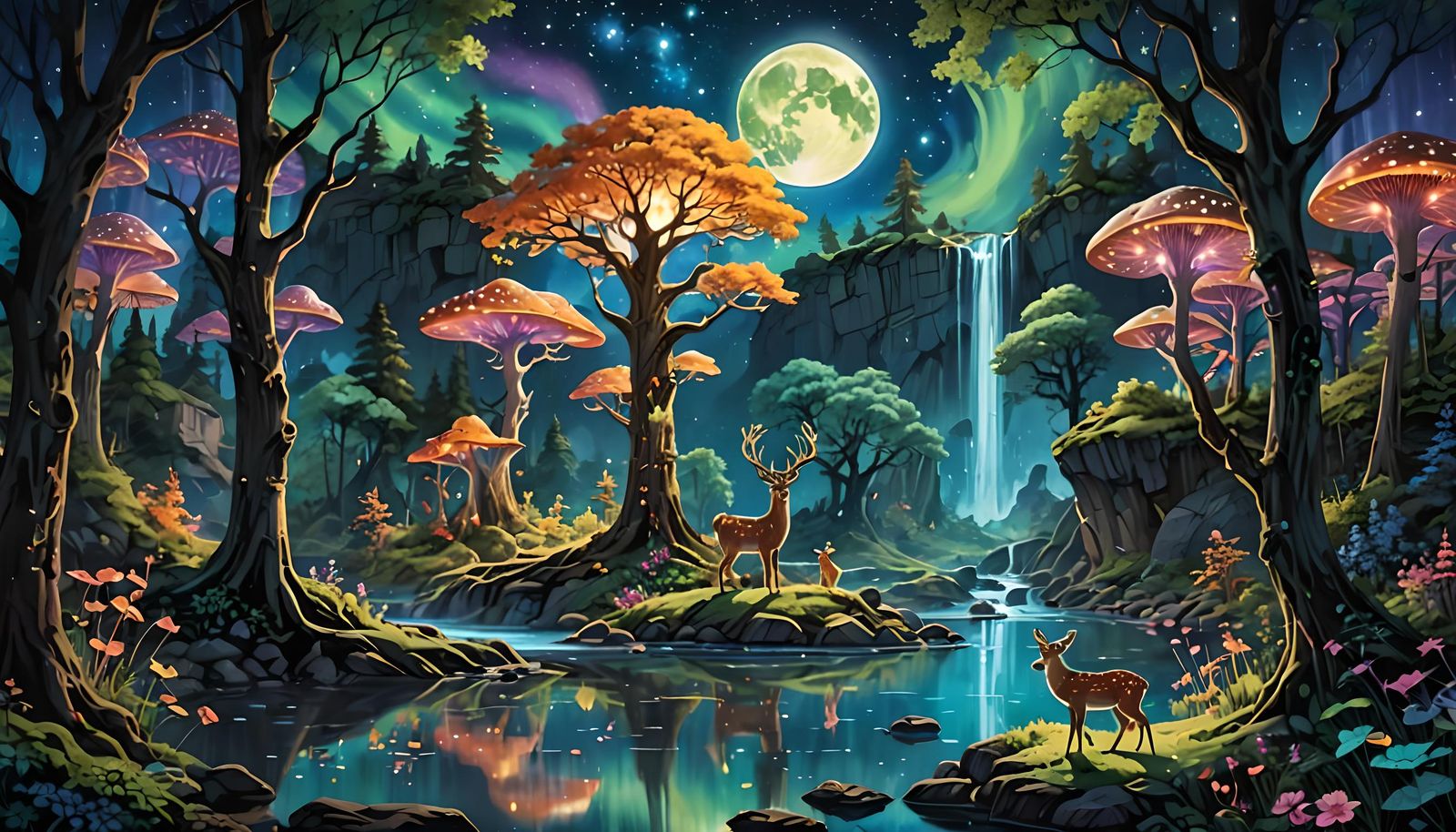 Enchanted Forest with Celestial Deer and Aurora Lights