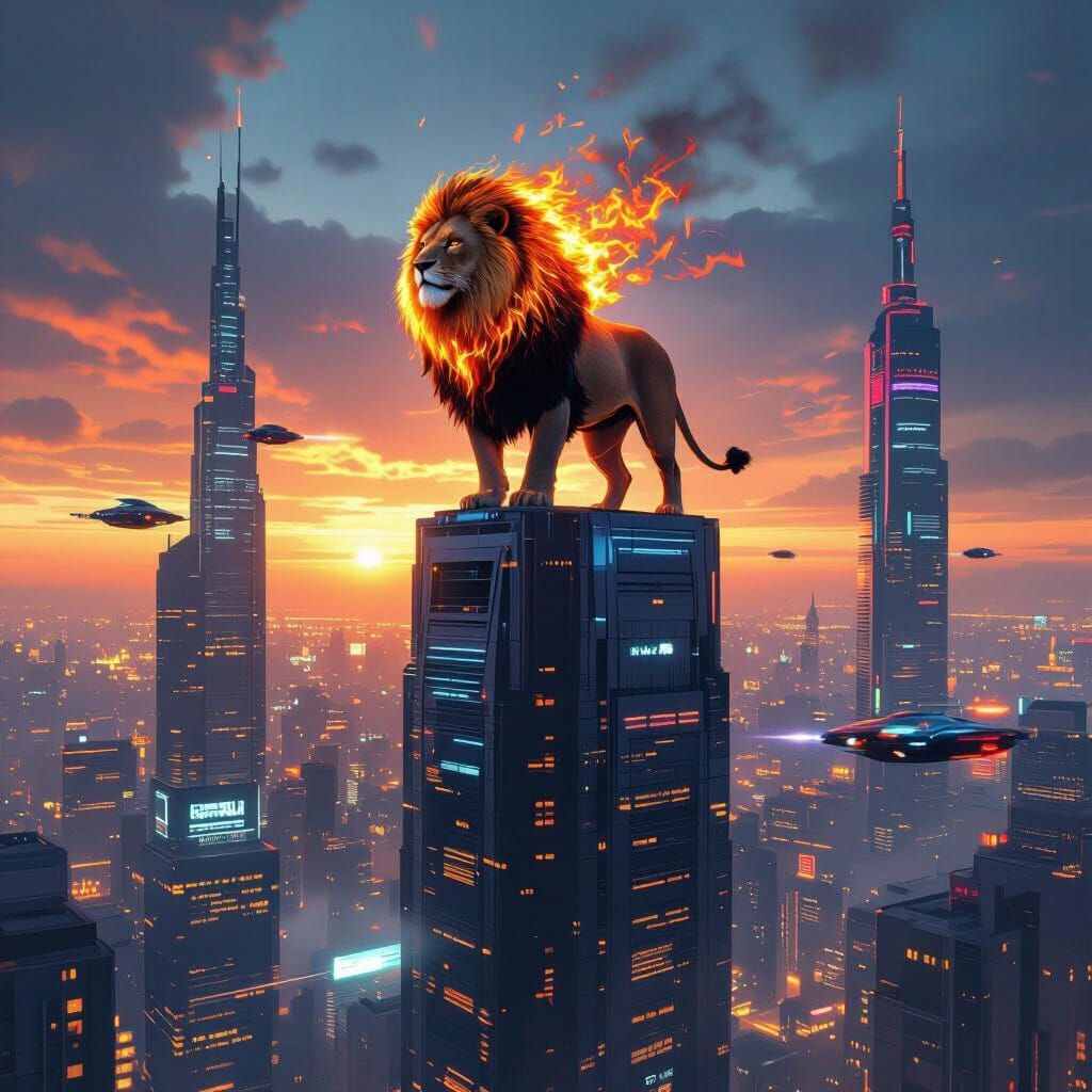 Fiery Lion Over Futuristic Cityscape