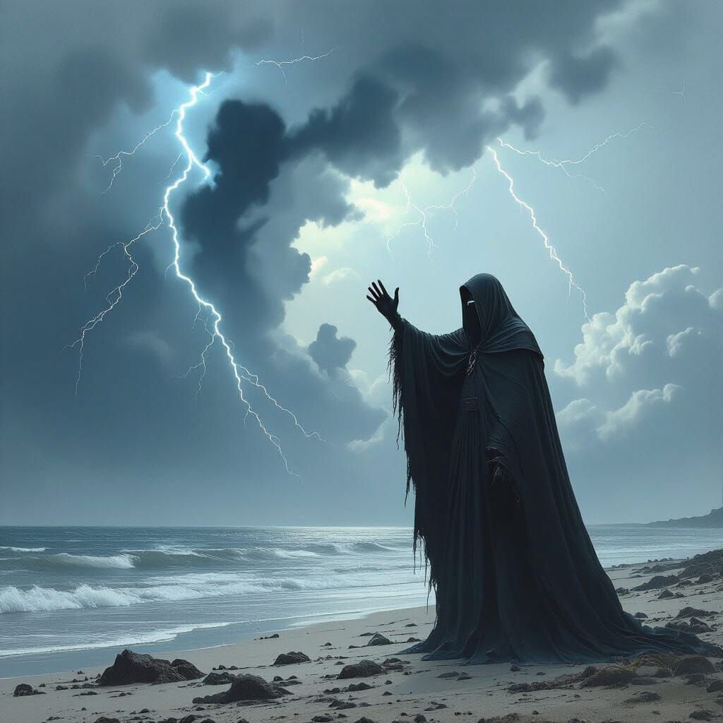 Surreal Shoreline: Shadowy Wave in Beksiński Style