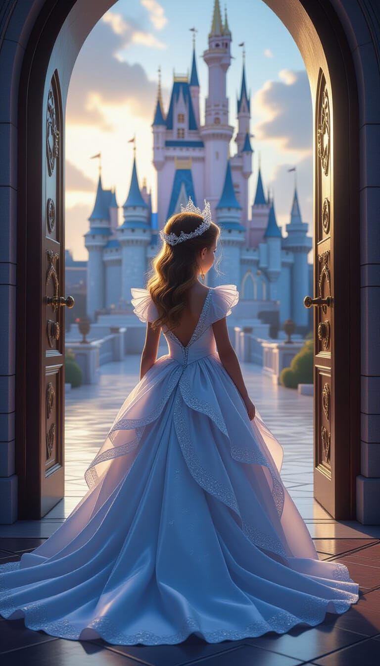 Girl at Fairy-Tale Castle Entrance in Dreamy Style