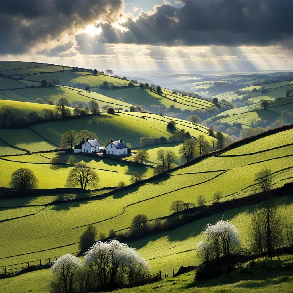 April Landscape with Sun, Clouds and Rain, Watercolor Style
