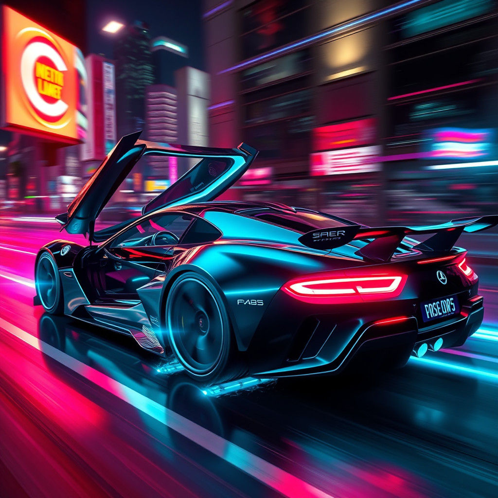 Futuristic Neon Sports Car Speeding Through Cityscape