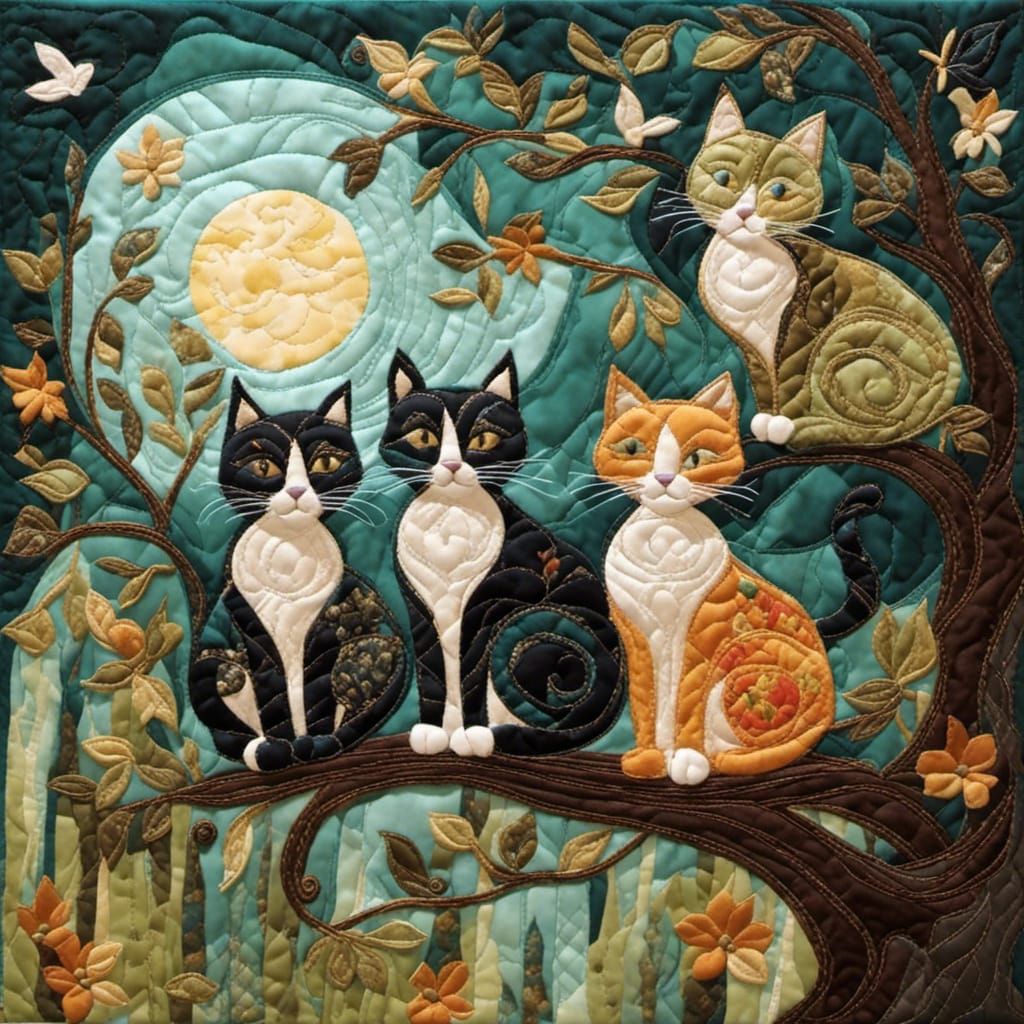 Quilted Cats on a Branch in Moonlight