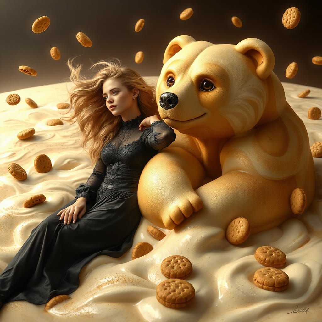 Golden Haired Woman and Coffee Bear in Dreamy Sea