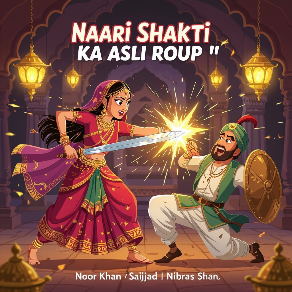 Rani Rudabai Attacks Sultan Begada: Cartoonish Digital Art